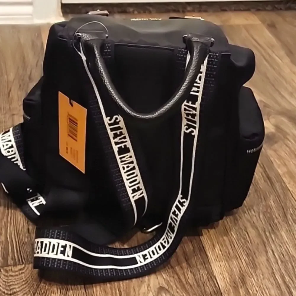 Steve Madden BSolly‎ Nylon Logo Strap Backpack- Black/White